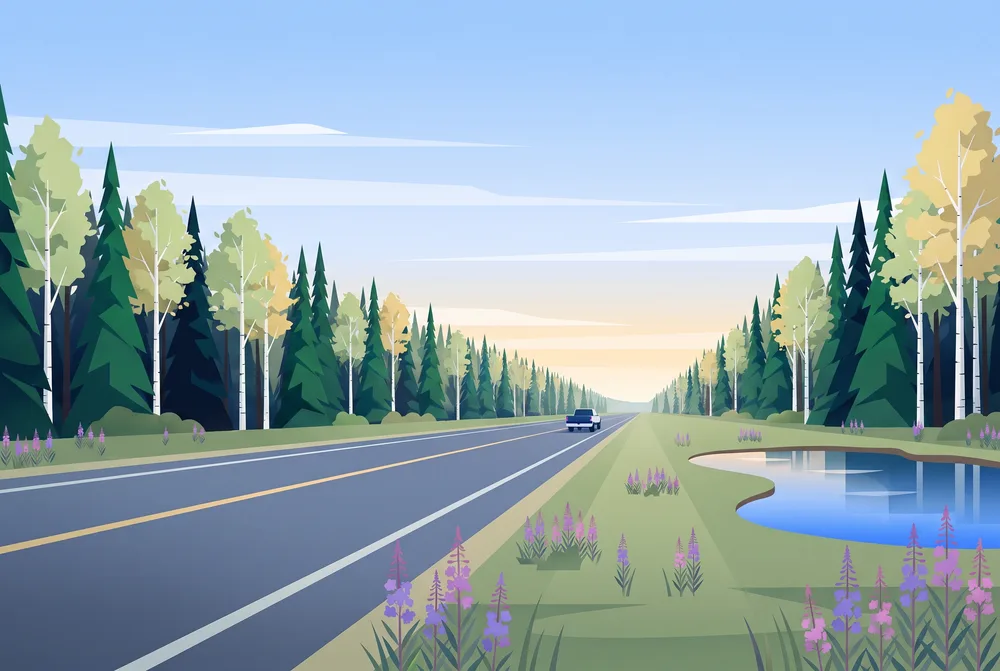 Illustration of a long straight highway running through spruce and birch forest in northern Alberta, with fireweed on the verge and a small pond