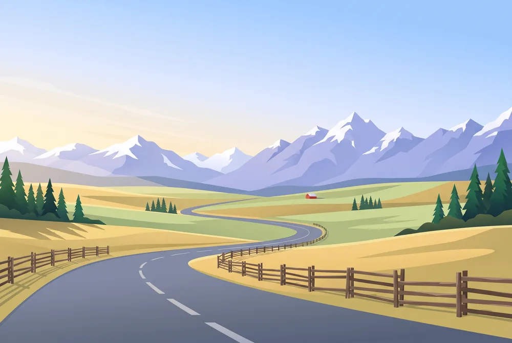 Illustration of a two-lane highway curving through golden foothills toward the snowy Rocky Mountains west of Calgary
