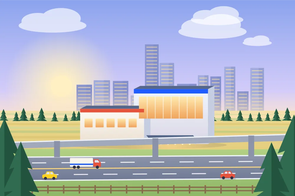 Illustration of a casino beside a city trail and overpass in southeast Calgary