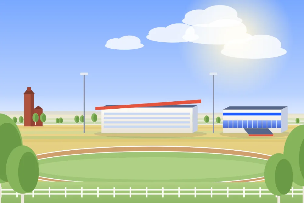 Illustration of a racetrack oval and grandstand on the open prairie north of Calgary