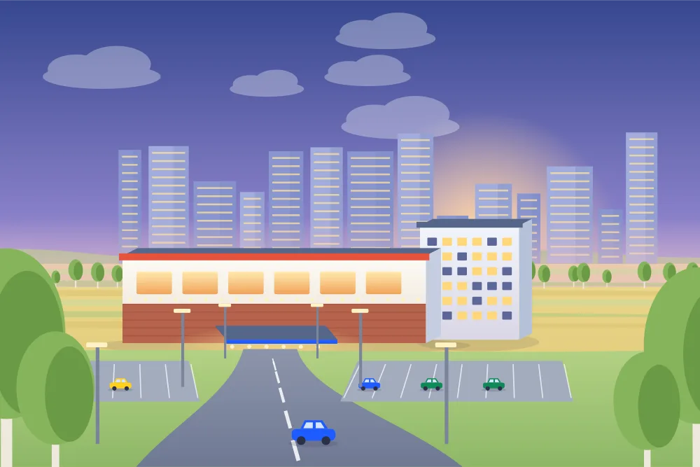 Illustration of a casino with a small attached hotel in north Edmonton at dusk