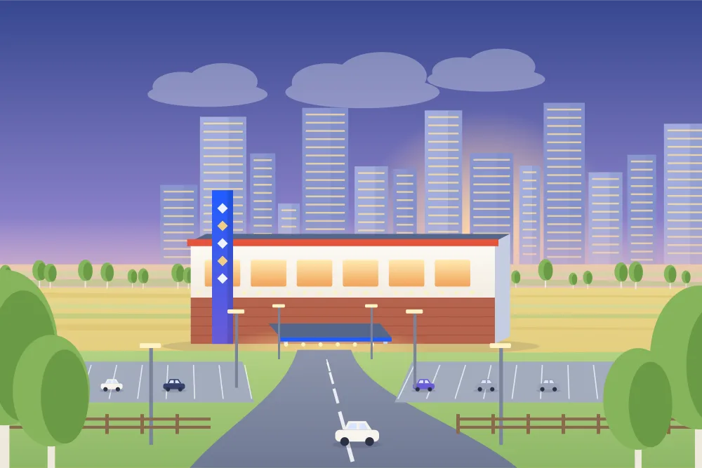 Illustration of a lit casino entrance at dusk near downtown Calgary, with the skyline behind