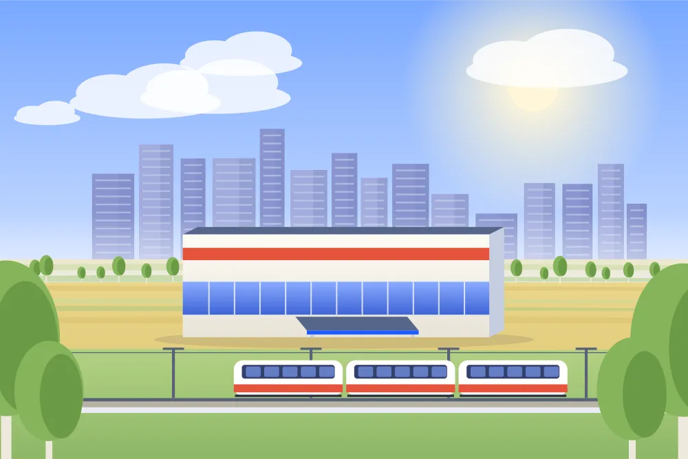 Illustration of a downtown Calgary casino beside a light-rail line, with office towers behind