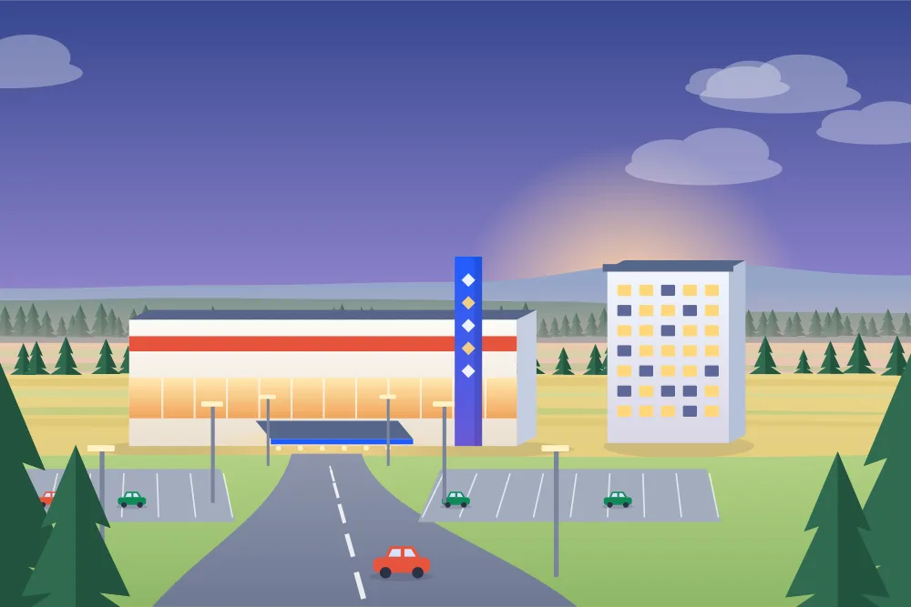 Illustration of a casino with a hotel next door in Grande Prairie, spruce forest behind