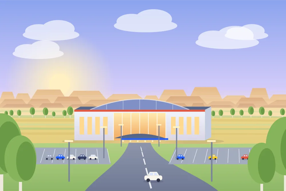 Illustration of a casino under a wide sky in Lethbridge, with coulees on the horizon