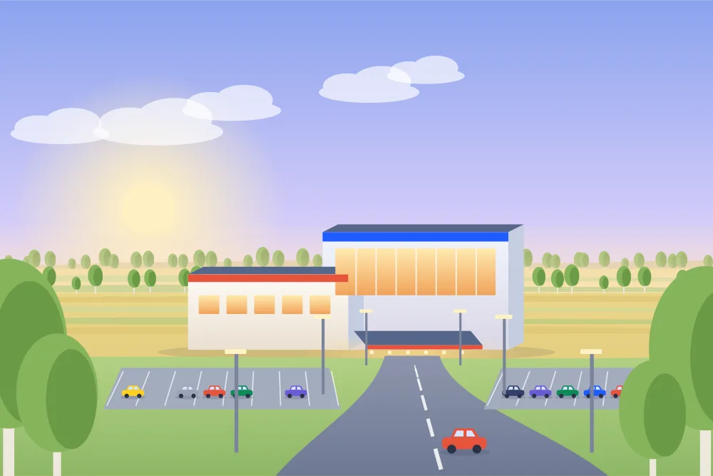Illustration of a casino on a city street in Red Deer, with aspen parkland behind