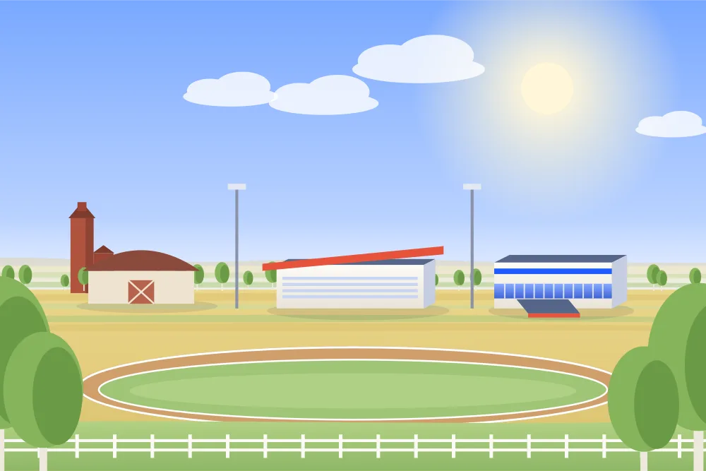 Illustration of a small harness racetrack with a grandstand and riding arena among prairie fields